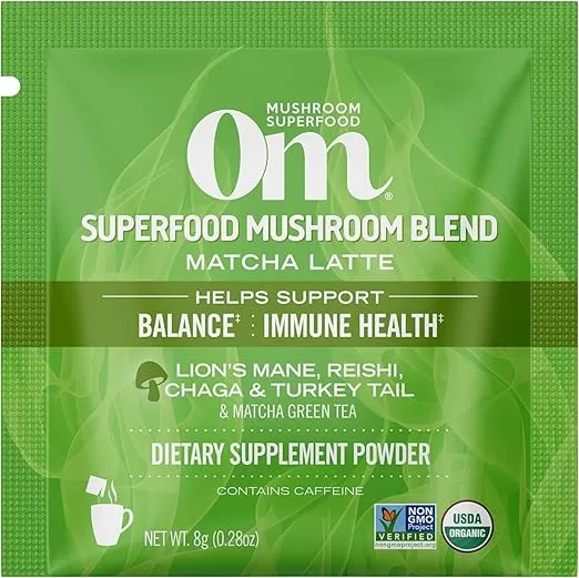 OM Mushroom Superfood Matcha Latte Blend Mushroom Powder, Single Serve, 10 Count, Green Tea, Lion's Mane, Reishi, Chaga, Turkey Tail, Focus & Stress Support Supplement