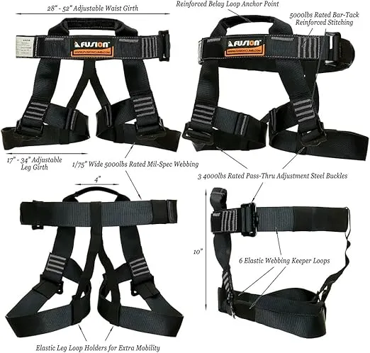 Rock Climbing Harness - Fusion Climb® - (5,000 LBS Rated) Professional Half Body Harness for Mountaineering, Tree Climbing, Ziplining, Rock Climbing, Rappelling- Heavy Duty Half Body Harness
