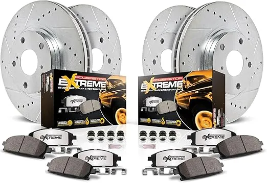 Power Stop K2015-36 Front and Rear Z36 Truck & Tow Brake Kit, Carbon Fiber Ceramic Brake Pads with Drilled and Slotted Brake Rotors For Chevy Silverado Tahoe GMC Sierra 1500 Yukon