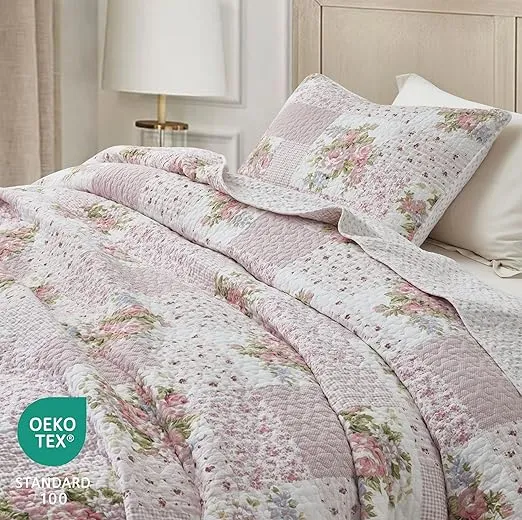 Chezmoi Collection Rosy 3-Piece Printed Patchwork Cotton Quilt Set, Oversized King - Pink Flower Floral Striped Polka Dots - Stone Washed Lightweight Bedspread