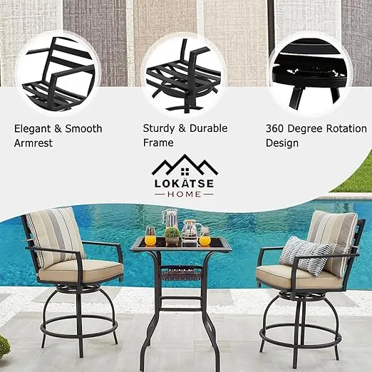 LOKATSE HOME Patio Bar Height 2 Outdoor Swivel Chairs and 1 High Glass Top Table, 3 Piece Bistro Set, Beige