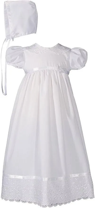 Girls Special Occasion 24" Poly Cotton Batiste Christening Baptism Gown with Lace Collar and Hem