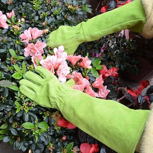 HANDLANDY Ladies Leather Gardening Gloves, Thorn Proof Long Gauntlet Heavy Duty Garden Gloves, Elbow Length Women Rose Pruning Gloves (Medium, Green)