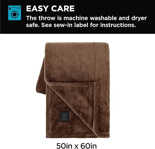 Brookstone Heated Plush Throw Heated Blanket Throw - Heated Throw Blanket Electric - Heated Blankets - 4 Heat Settings, 4-Hour Auto Shut Off, 100% Polyester, 50"x60" - Brown Solid