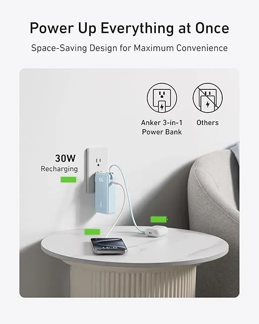 Anker Nano 3-in-1 Power Bank, Built-in Lightning Cable, USB-C Port, Foldable AC Plug for Fast Recharging, 30W Max Output, 10,000mAh Capacity, Compatible with iPhone 14 Series, AirPods, and More