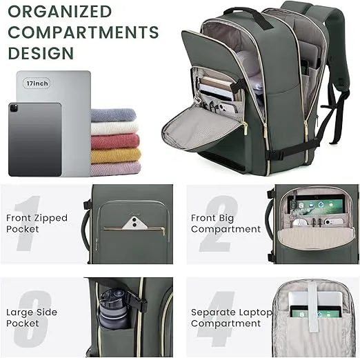 LOVEVOOK 40L Large Travel Backpack for Women Men, 17 Inch Carry on Backpack for Traveling on Airplane, Personal Item Travel Bag Airline Approved, Business Causal Weekender Backpack, Grey Green-Black