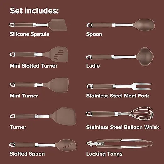 Anolon Tools Set/Nonstick Nylon Cooking Utensils/Kitchen Gadgets Includes Spoons, Turners, Ladle, Meat Fork, Whisk, and Locking Tongs, 10 Piece, Bronze