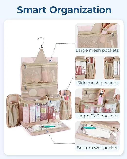 BAGSMART Travel Toiletry Bag, Extra Large Full-open Hanging Toiletry Bag for Women, Puffy Cosmetic Makeup Bag Organizer with Handle for Accessories, Essentials, Toiletries (Pink 13''L)