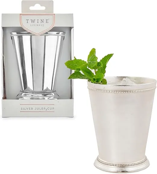 Twine Mint Julep Cup, Real Brass with Sterling Silver Plating Derby Cocktail Tumbler, Set of 1, 12 oz