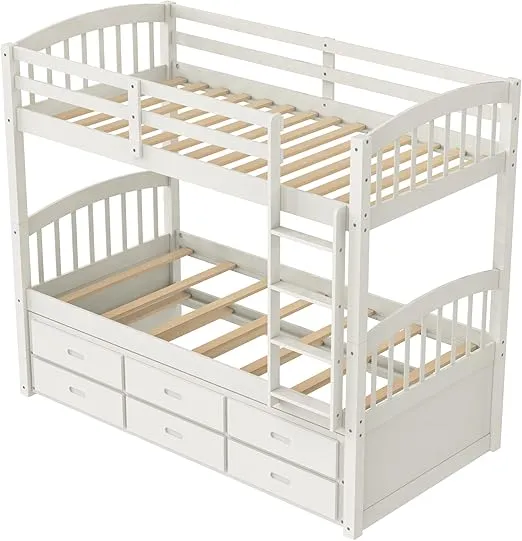 Harper & Bright Designs Twin Over Twin Bunk Bed with Storage Drawers, Solid Wood Bunk Bed Frame with Trundle, for Kids, Teens, Adults (White)