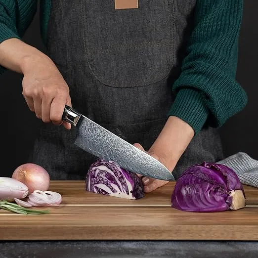 SENKEN 7-Piece Damascus Kitchen Knife Set - Tsunami Collection - 67-Layer Japanese VG10 Steel - Chef's Knife, Cleaver, Santoku, Bread, Boning, & More (Black Resin Blend)