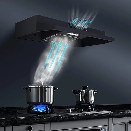 SNDOAS Range Hood 30 inch Under Cabinet, Ducted/Ductless Convertible Kitchen Hood, Stainless Steel Vent Hood with LED Light,Under Cabinet Hood with 2 Speed Exhaust Fan,Black