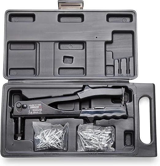 Arrow RL100K Rivet Tool Kit, Manual Riveter Set for Metal, Fabric, Leather, and Auto Repair, uses 1/8-Inch and 3/16-Inch Rivets, Includes Storage Case and 50 Rivets
