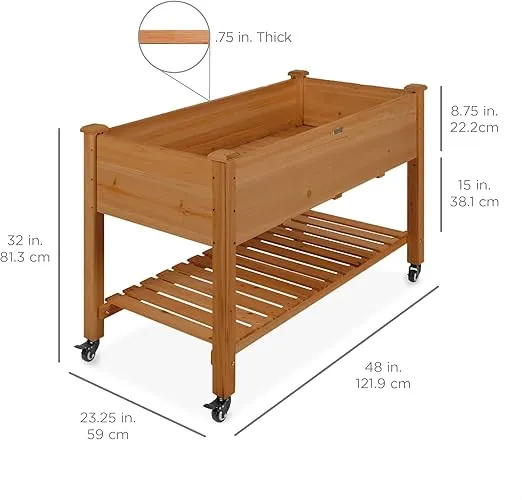 Best Choice Products Raised Garden Bed 48x24x32-inch Mobile Elevated Wood Planter w/Lockable Wheels, Storage Shelf, Protective Liner - Acorn Brown