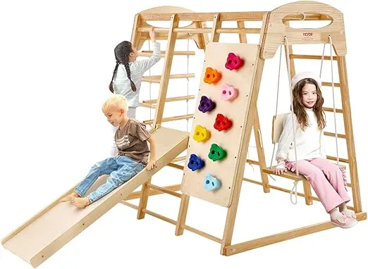 VEVOR Large Size Indoor Jungle Gym, 7-in-1 Toddler Indoor Playground, Wooden Toddler Climbing Toys with Wood & Rope Ladder, Net Ladder, Swing, Monkey Bar, Slide, Climbing Wall
