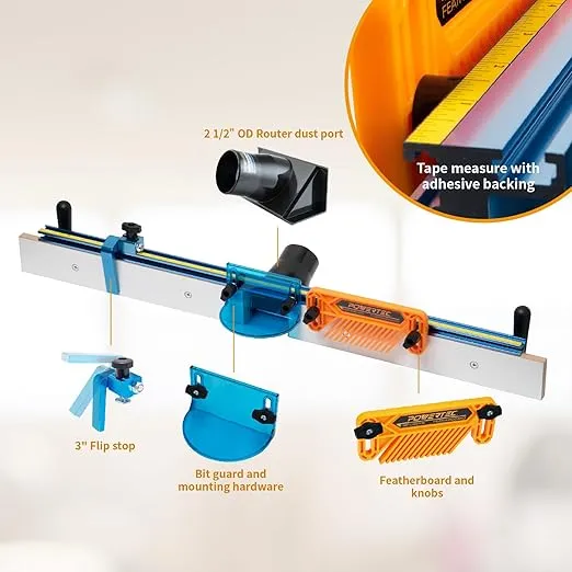 POWERTEC Deluxe Router Table Fence System 3-1/2" Tall 32" Long - with Adjustment Knob, Aluminum Flip Stop, Measuring Tape, Feather Board, Bit Guard, and Build-In 2-1/2" Dust Port (71655)