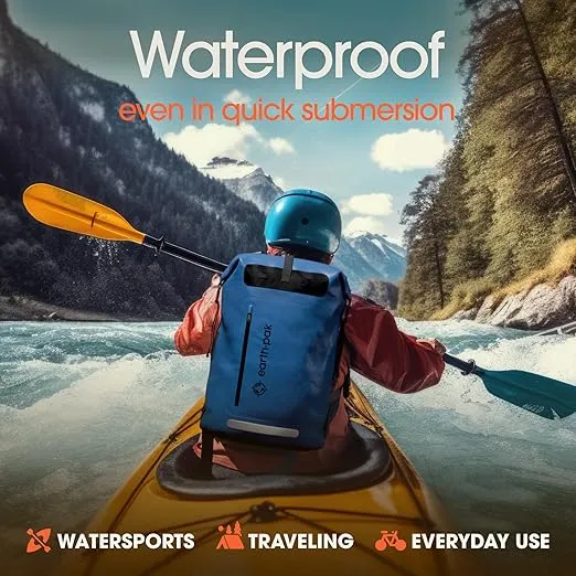 Earth Pak Waterproof Backpack - Heavy Duty Hiking Backpack - Roll-Top Closure - Waterproof Bag - Cushioned Dry Bags Waterproof w/ IPX8 Waterproof Phone Case - Wet Bag for Hiking, Kayak (Blue, 35L)