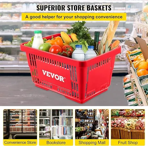VEVOR Shopping Basket, 16.9 x 11.8 x 8.7 in/42.8 x 30 x 22 cm((L x W x H), Plastic Handle and Iron Stand, Set of 12 Store Baskets with Durable PE Material Used for Supermarket, Retail, Bookstore, Red