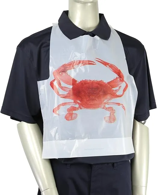 AmerCareRoyal Adult Polyethylene Bib - Comfortable, Lightweight Mealtime Protection, Ideal for Restaurants, Adjustable Neck Tie, Unisex Disposable Bibs, 16.25" x 7.5" x 5", Crab Design, Pack of 2500