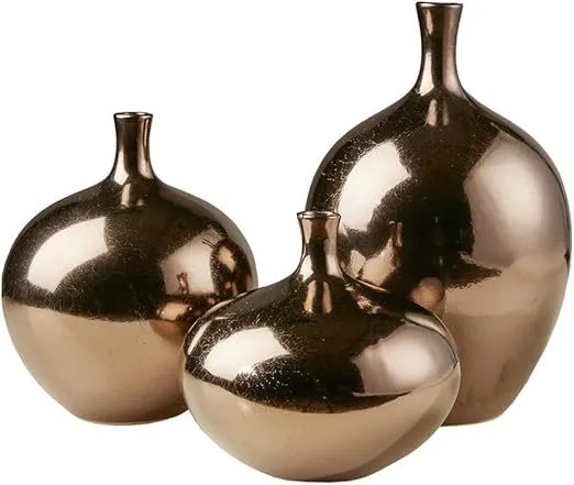Madison Park Signature Ansen Ceramic Handmade Vase Set Home Décor - Metallic Accent Living Room Decoration Ideal for Shelf, Side Table, Mantle Ornaments, Multi Size, Bronze 3 Piece