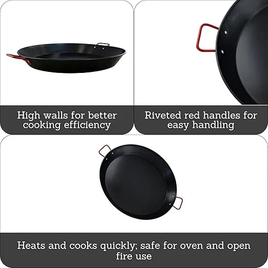 IMUSA USA 10" Carbon Steel Coated Nonstick Paella Pan, Black, Red Handles