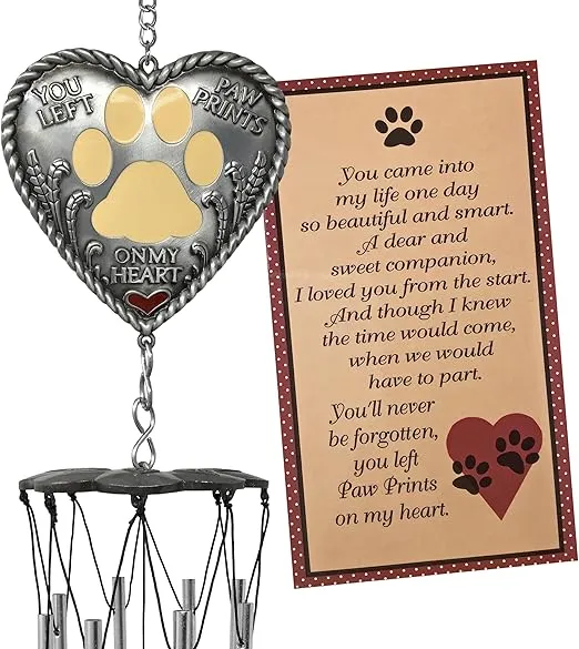 Memorial Pawprints Photo Wind Chime for Loss of a Beloved Pet - Sympathy Windchime with a Photo Heart on The Bottom - Pet Memory Gift - Paw Print Windchimes for Pet Lovers
