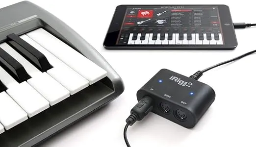 IK Multimedia iRig MIDI 2 universal MIDI interface with In, Out, and THRU ports, activity indicators for iPhone, iPad, Android, Mac, PC