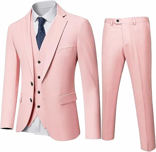 YND Men's Slim Fit 2 Button 3 Piece Suit Set, Solid Blazer Jacket Vest Pants & Tie