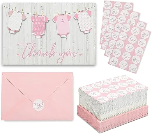 Pipilo Press 60 Pack Girl Baby Shower Thank You Cards with Pink Envelopes, 60 Stickers Included (Clothesline Design, 6x4 in) - Baby Girl Thank You Cards with Envelopes - Thank You Baby Shower Cards