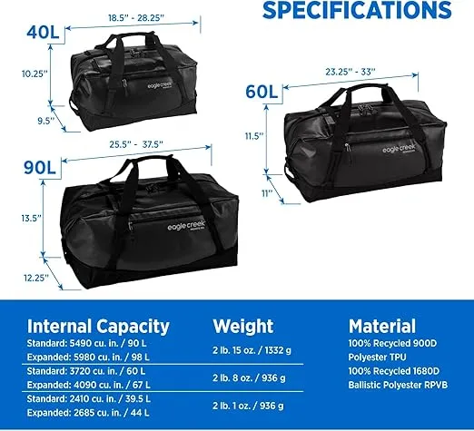 Eagle Creek Migrate 60L Travel Backpack Duffle Bag with Tuck-Away Backpack Straps, Full-Access Wide Mouth Opening & Seamless Bottom Bathtub Construction, Black