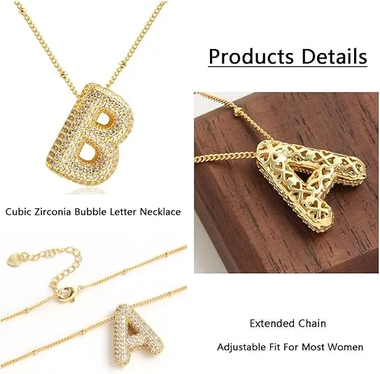 18k Gold Plated Dainty Cubic Zirconia Bubble Alphabet 26 A-Z Letter Necklace, Personalized Monogram Necklace,Balloon Initial Necklace for Women Female