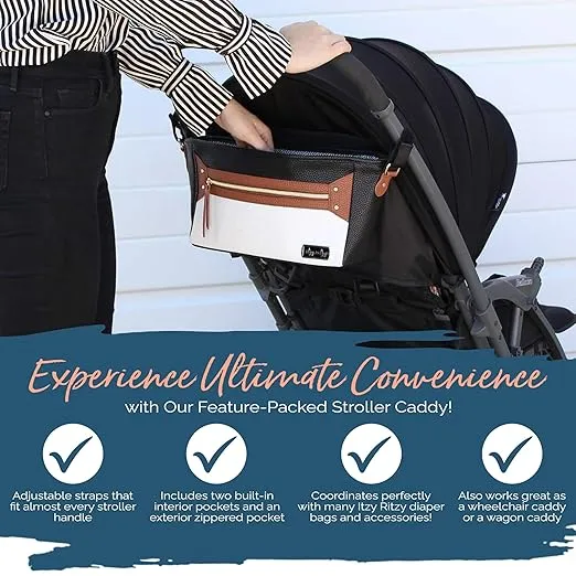 Itzy Ritzy Adjustable Stroller Caddy / Organizer - Stroller Organizer Bag Featuring Front Zippered Pocket, 2 Built-In Interior Pockets & Adjustable Straps to Fit Nearly Any Stroller (Coffee and Cream)
