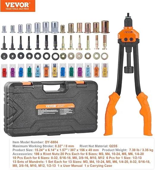 VEVOR 16" Rivet Nut Tool, Labor-Saving Rivnut Tool Kit with 13PCS Metric & SAE Mandrels, 186PCS Rivet Nuts,M3, M4, M5, M6, M8, M10, M12, 1/4-20, 5/16-18, 3/8-16,1/2-13, 8-32, 10-24 with Carrying Case