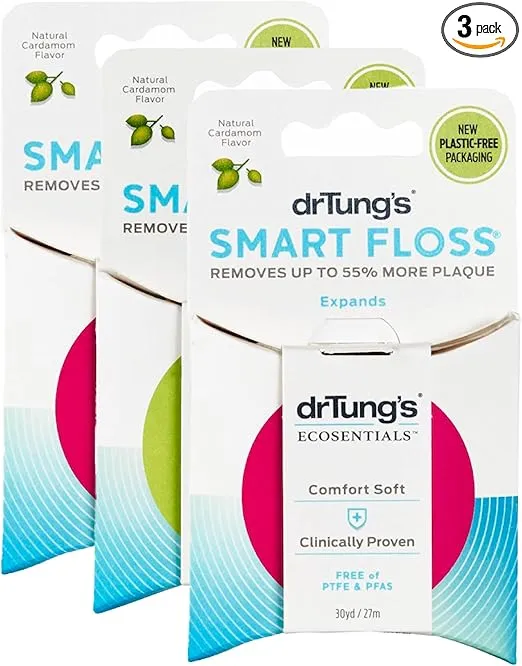 DrTung's Smart Floss - Natural Floss, PTFE & PFAS Free Floss, Gentle on Gums, Expands & Stretches, BPA Free Floss - Natural Dental Floss Cardamom Flavor, Colors May Vary (Pack of 3)