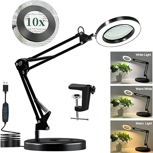 Magnifying Glass with Light and Stand, 10X Magnifying Lamp, 2-in-1 Magnifying Desk Lamp with Clamp, 3 Color Mode, Magnifying Glasses with Light for Close Work (2nd Generation Base ＆ Clamp)