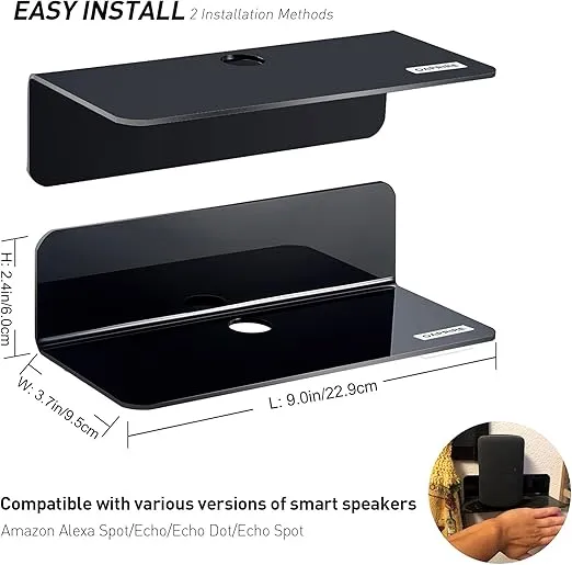 OAPRIRE Acrylic Floating Wall Shelves Set of 2, Damage-Free Expand Wall Space, Small Display Shelf for Smart Speaker/Action Figures with Cable Clips