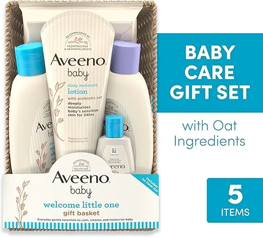 Aveeno Baby Welcome Little One Gift Basket, Baby Skincare Set with Nourishing Baby Body Wash & Shampoo, Calming Bath Wash, All Over Baby Wipes, & Daily Moisturizing Lotion, 5 Items