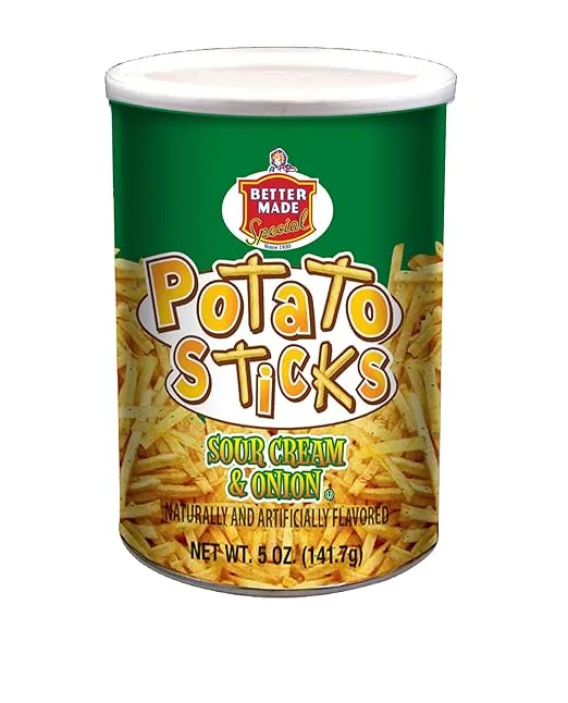 Better Made Potato Sticks 5oz Canister - Shoestring Potato Sticks - Gluten Free - Crunchy, Crispy Snack from Fresh Potatoes - Resealable Lid (Sour Cream & Onion, Single Can)