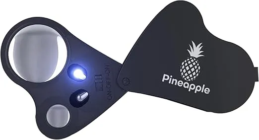 Pineapple 30X 60X Jewelers Loupe Magnifier with Light, Lighted Magnifying Glass Jewelry Loop, Pocket Magnifier for Coins, Jewelry, Plants, Currency, Diamonds, Stamps (Black)