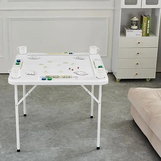 VEVOR Mahjong Table, 4 Player Folding Domino Table with Wear-Resistant Green Tabletop, Portable Square Card Table with 4 Cup Holders & 4 Chip Trays for Mahjong Poker Puzzles, 35.4 x 35.4-inch