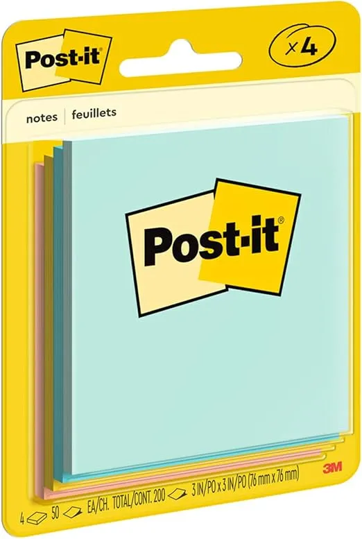 Post-it Notes, 3x3 in, 4 Pads, America's #1 Favorite Sticky Notes, Beachside Café Collection, Pastel Colors (Pink, Mint, Yellow), Recyclable (5401)