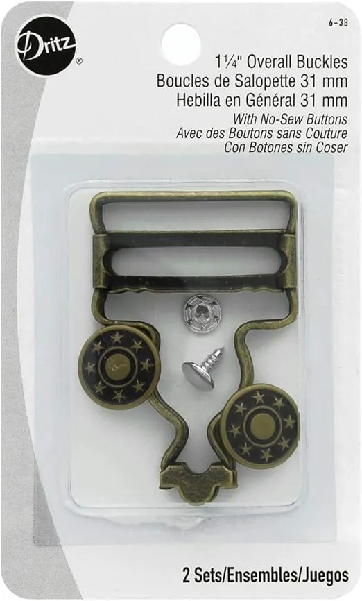 Dritz 6-38 Overall Buckles with No-Sew Buttons for 1-1/4-Inch, Antique Brass 2-Count