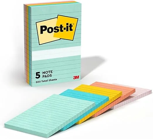 Post-it Notes Original Pads in Beachside Cafe Collection Colors, Note Ruled, 4" x 6", 100 Sheets/Pad, 5 Pads/Pack