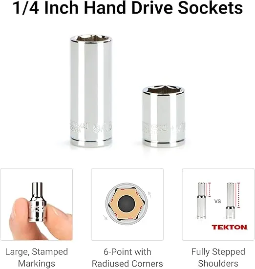 TEKTON 1/4 Inch Drive 6-Point Socket and Ratchet Set with Rails, 57-Piece (5/32-9/16 in., 4-15 mm) | SKT03301