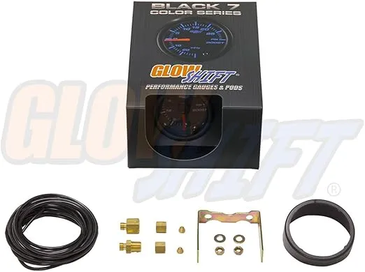 GlowShift Black 7 Color 35 PSI Turbo Boost Gauge Kit - Includes Mechanical Hose & Fittings - Black Dial - Clear Lens - for Car & Truck - 2-1/16" 52mm