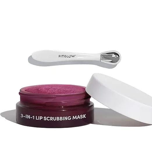 Fitglow Beauty | 3-in-1 Lip Scrubbing Mask | Plant-Powered Natural Exfoliates, Treats & Nourishes Lips | Soft & Smooth Pout Moisturizer for Dry Cracked Chapped Lips | Lip Skincare | (0.5 oz | 15 ml)