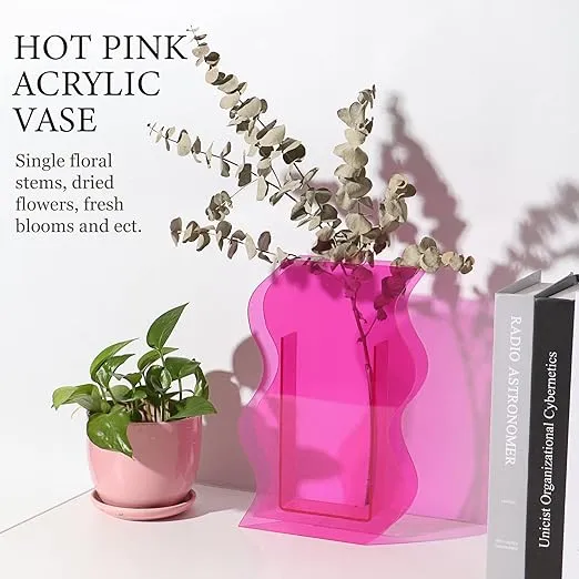 Acrylic Flower Vase for Aesthetic Room Decor, Irregular Curvy Wave Plastic Decorative Vase for Bedroom, Living Room Table - Pink Wave