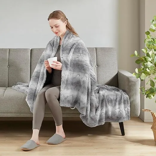 Beautyrest Zuri Reversible Faux Fur to Mink Electric Blanket, Auto Shut Off, Virtually Zero EMF, Multi Heat Setting, UL Certified, Machine Washable, Grey Tip Dye Throw 50x70