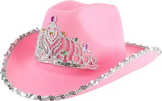 Skeleteen Pink Cowboy Hat - Pink Sequin Cowgirl Princess Hat with Crown Tiara Design