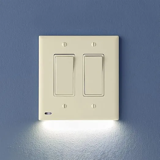 Single - SnapPower SwitchLight [for Double-Gang Light Switches] - Light Switch Wall Plate with Built-in LED Night Lights - Bright/Dim/Off Options - Auto On/Off Sensor - (Rocker, Light Almond)
